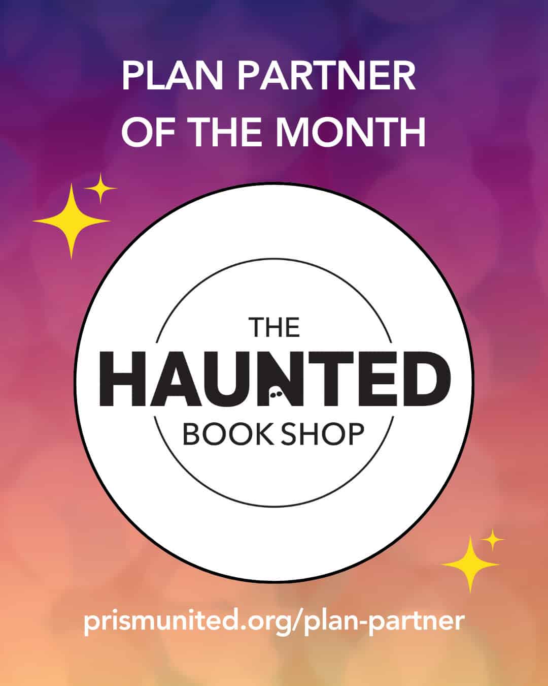 A circular logo for The Haunted Book Shop with text above reading "Plan Partner of the Month" and a web link below, on a purple and orange gradient background.