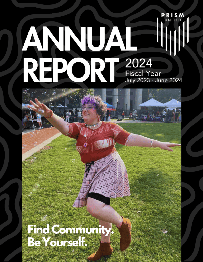 A person in a pink plaid skirt and orange top joyfully reaches for bubbles at an outdoor event. Text reads: "ANNUAL REPORT 2024" and "Find Community. Be Yourself.