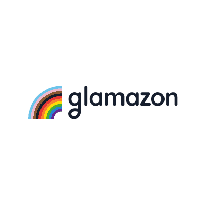 Logo of "glamazon" featuring a stylized rainbow next to the brand name on a dark background.