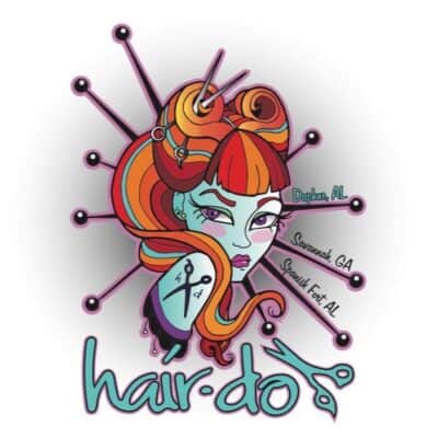 Illustration of a stylized woman with elaborate red and orange hair adorned with decorative pins, featuring the text "hair-do" and city names like "savannah ga.