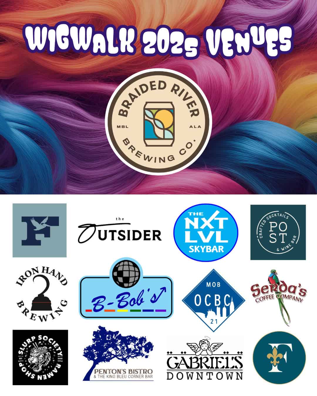 A poster titled "WigWalk 2025 Venues" displays colorful swirls and logos of participating venues, including bars, breweries, cafes, and restaurants.