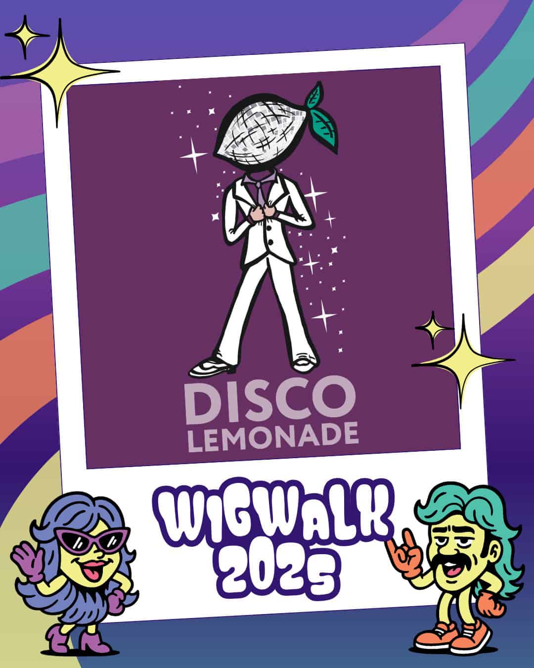 Illustration of a person in a white suit with a lemon disco ball for a head, labeled "Disco Lemonade," with "Wigwalk 2025" written below on a colorful, retro background.