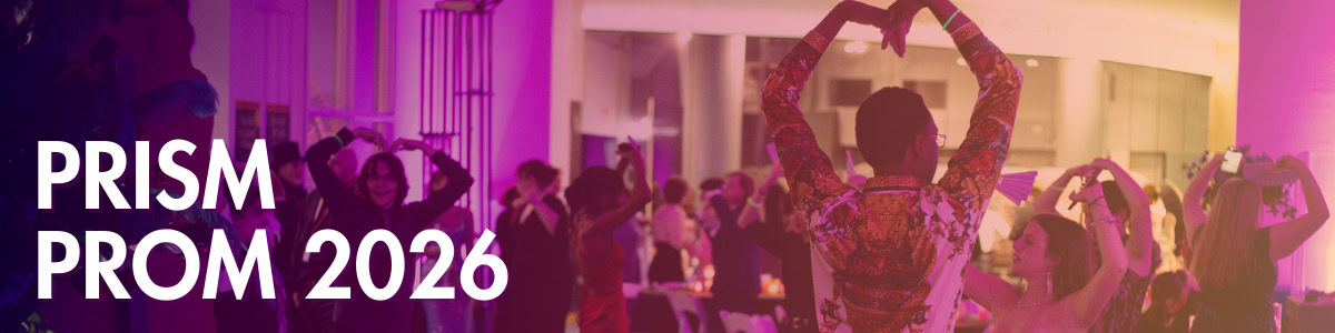 A group of people dancing in a colorful, decorated room with the text "PRISM PROM 2026" displayed on the left side.