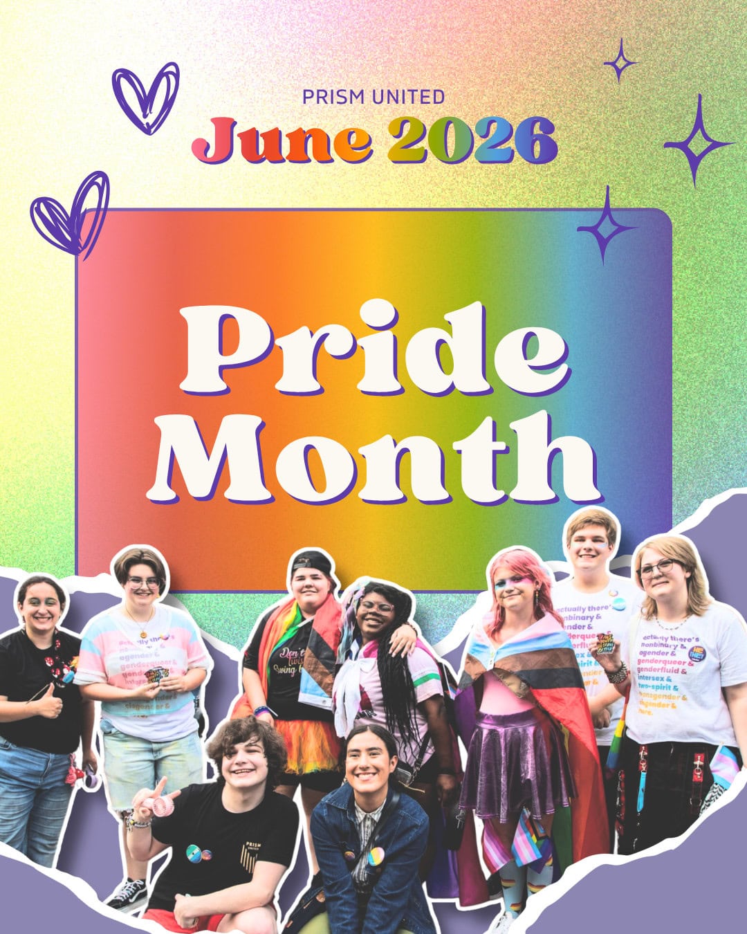 A group of people stands smiling in front of a rainbow backdrop with text reading "Pride Month, June 2026" and heart and star illustrations.