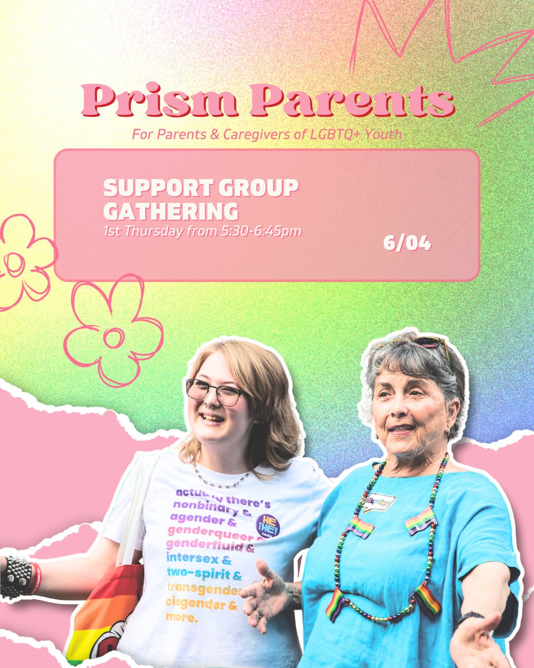 Two adults smiling at a support group event for parents and caregivers of LGBTQ+ youth, with event details and colorful background elements.