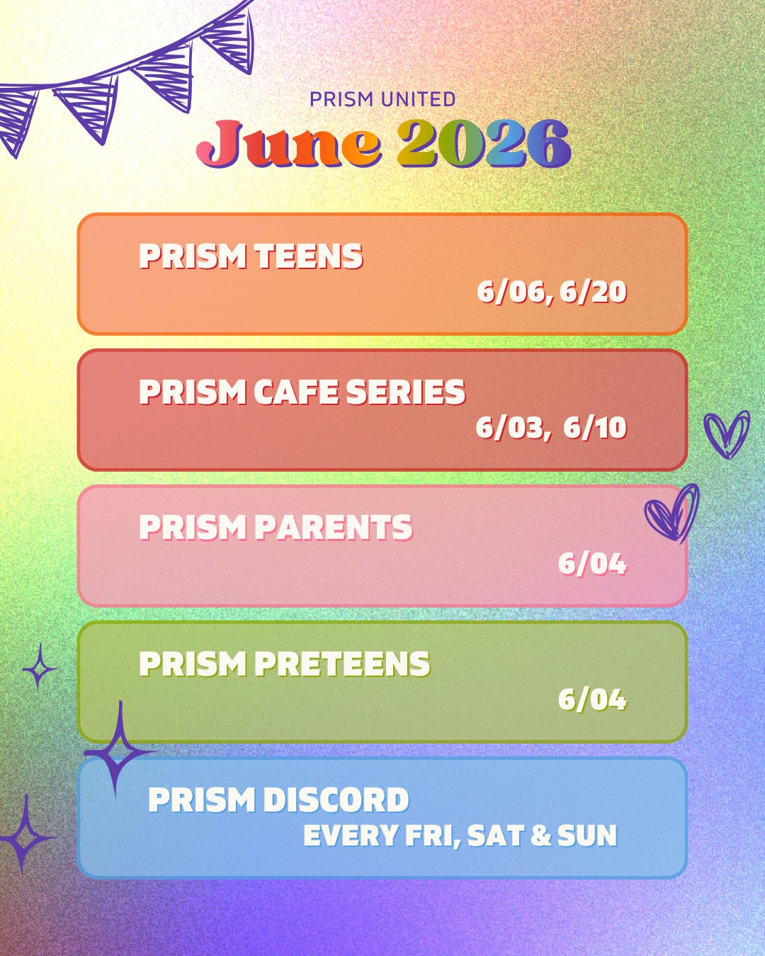 Colorful event schedule for Prism United in June 2026 listing activities for teens, parents, preteens, a cafe series, and Discord meetups with dates.