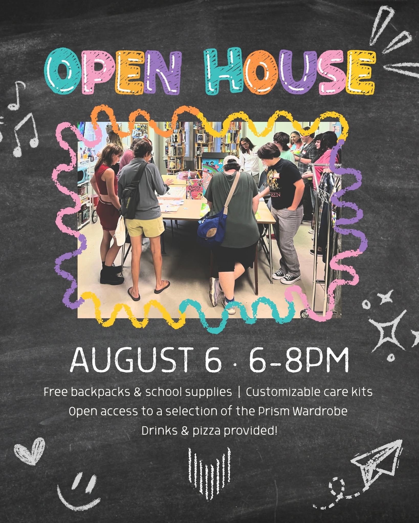 People gather around a table with backpacks in a library setting. Text reads: “Open House, August 6, 6-8PM. Free supplies, care kits, wardrobe access, drinks, and pizza.”.