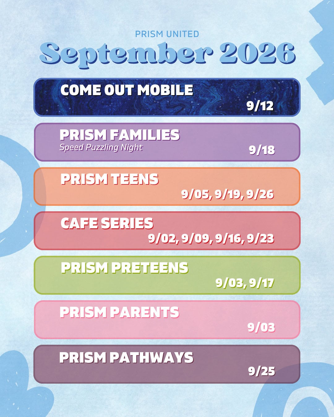 A calendar lists Prism United events for September 2026, including Come Out Mobile, Prism Families, Prism Teens, Cafe Series, Prism Preteens, Prism Parents, and Prism Pathways with dates.