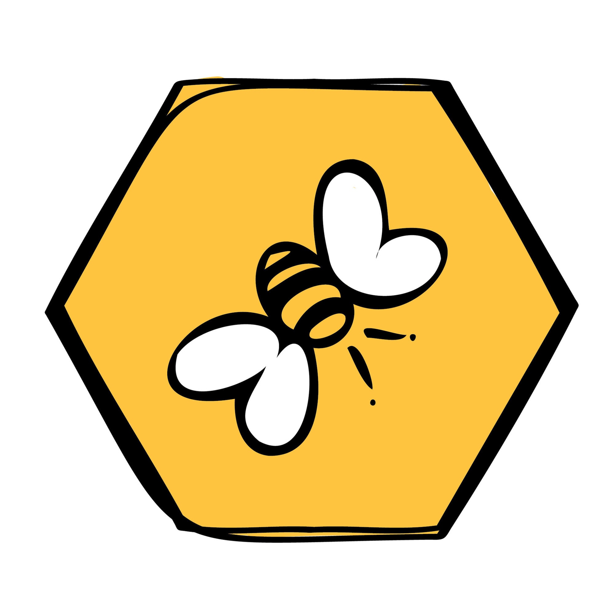 A simple illustration of a bee with white wings on a yellow hexagonal background.