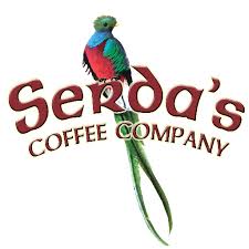 Logo for Serda's Coffee Company featuring a colorful bird with long green tail feathers perched above the company name in stylized red and gold lettering.