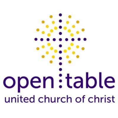 Logo of the open table united church of christ featuring a stylized, dot pattern design in purple and yellow.