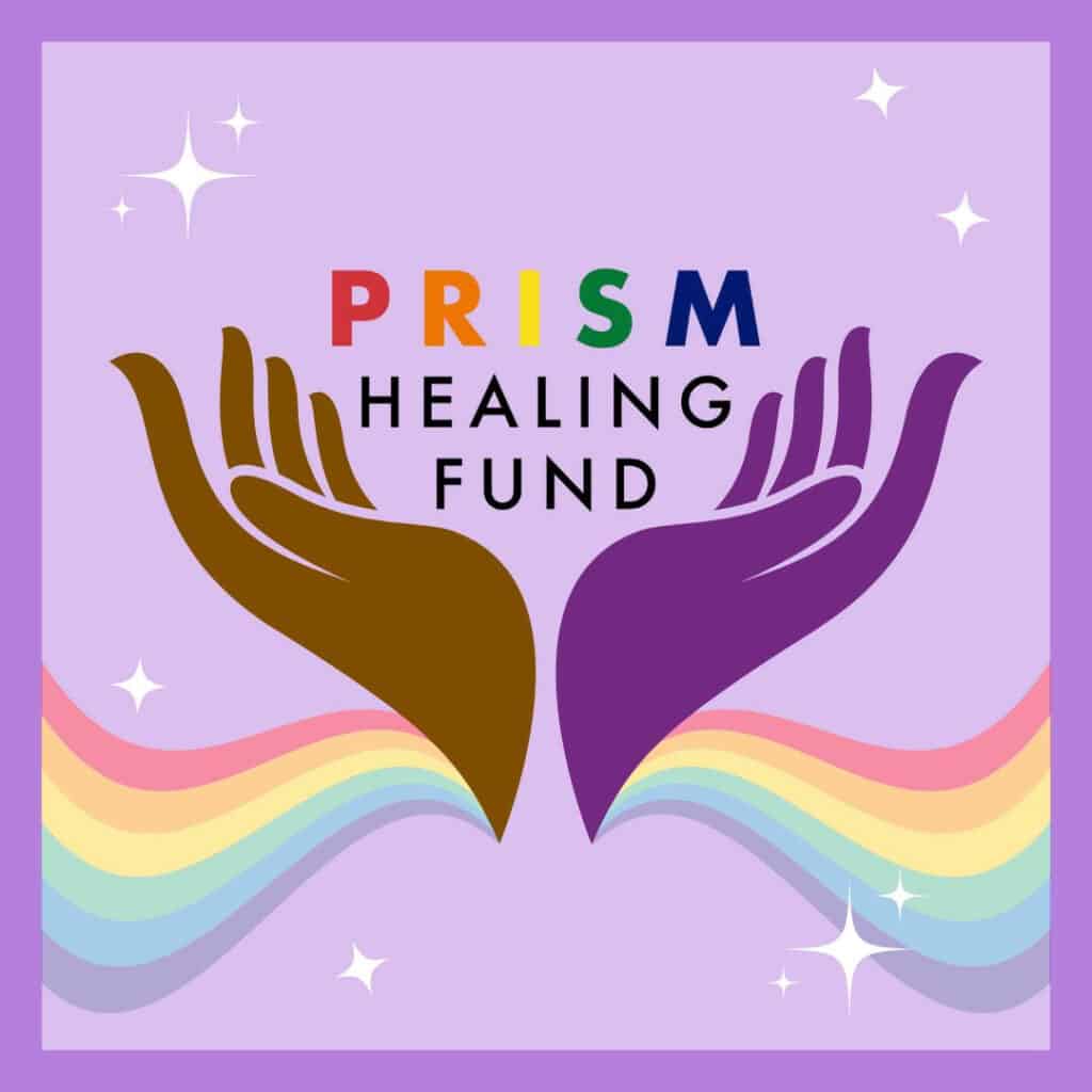 Graphic logo of the prism healing fund featuring two hands cradling a rainbow spectrum with stars on a purple background.
