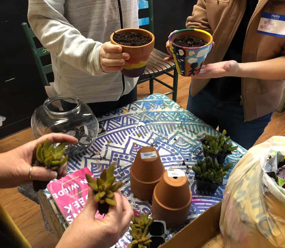 People engaging in a plant potting activity on a patterned tablecloth.