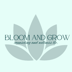 A logo with a stylized lotus flower and the text "Bloom and Grow counseling and wellness llc." on a pale green background.