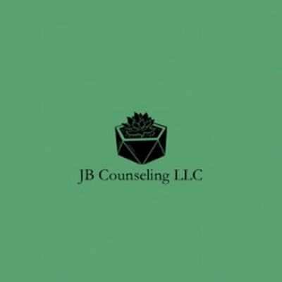 Green background with a black geometric logo featuring a lotus flower above the text "JB Counseling LLC" centered below the design.